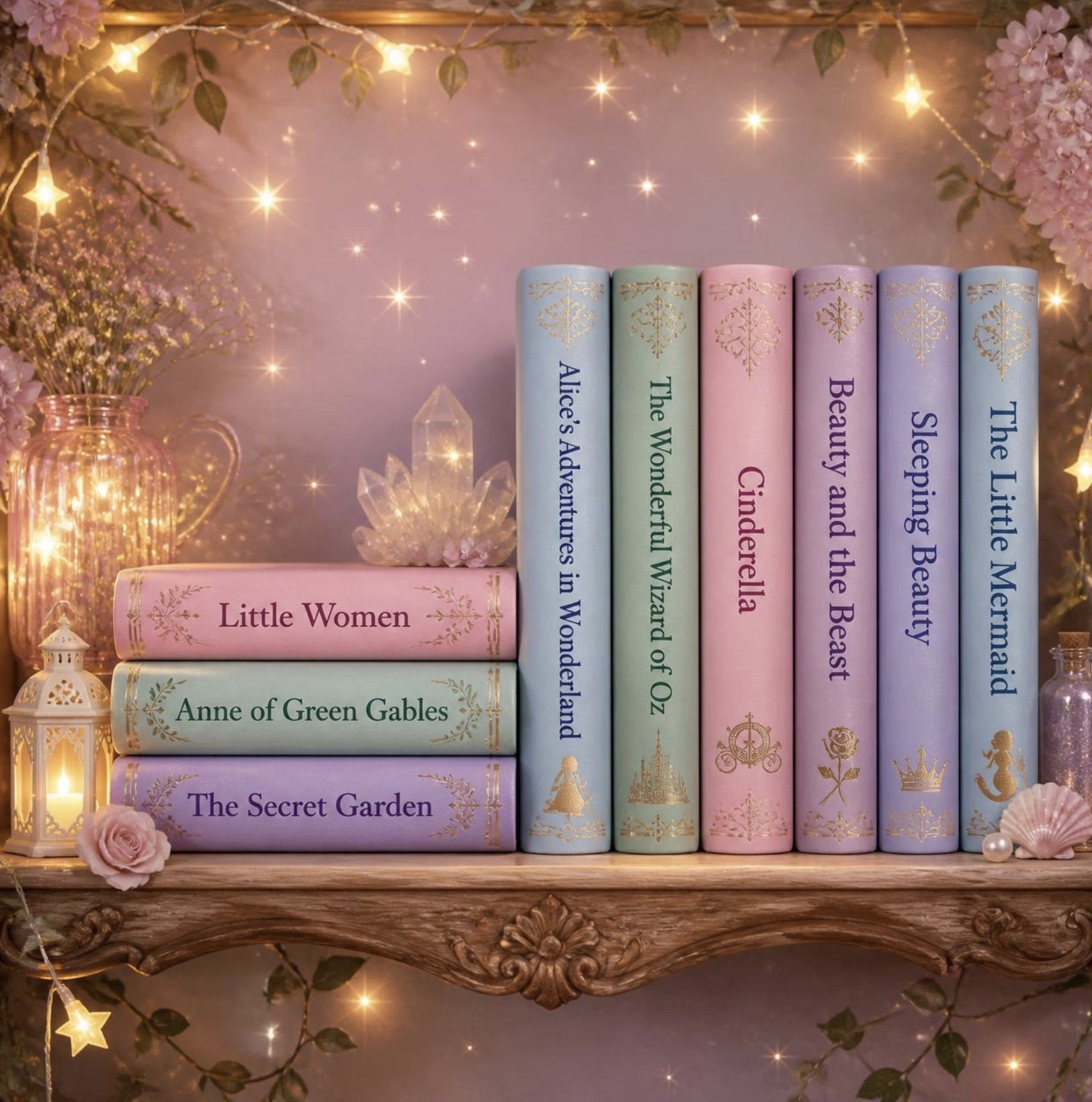 A shelf of pastel storybooks glowing with fairy lights